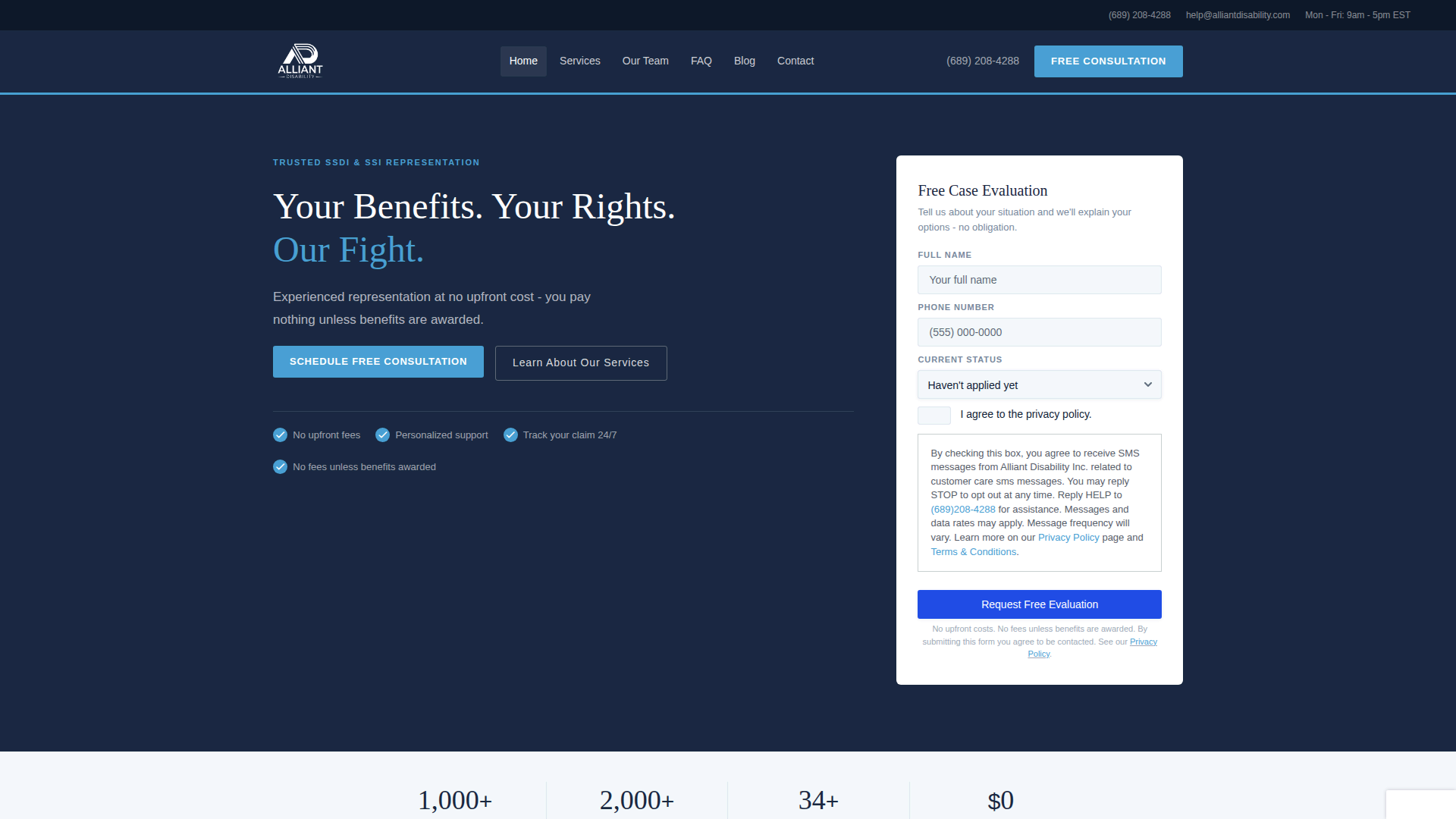 Alliant Disability home page: headline reading Your Benefits. Your Rights. Our Fight., beside a free case evaluation form