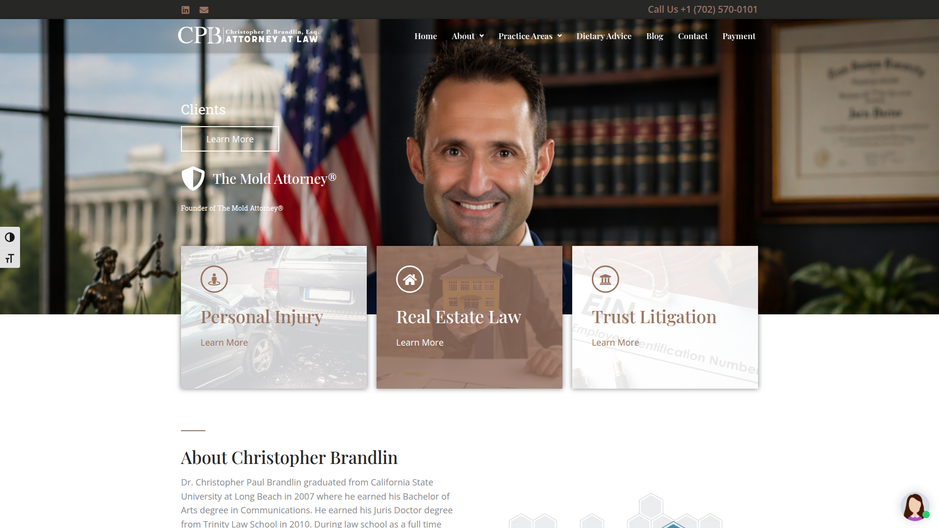 Christopher P. Brandlin, APC home page: attorney portrait against a law-library backdrop, with Personal Injury, Real Estate Law and Trust Litigation cards