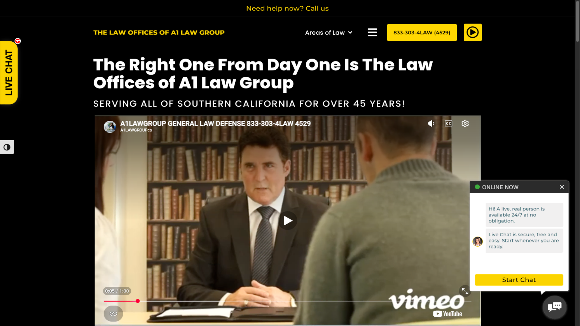 A1 Law Group home page: a bold black-and-yellow hero reading The Right One From Day One Is The Law Offices of A1 Law Group