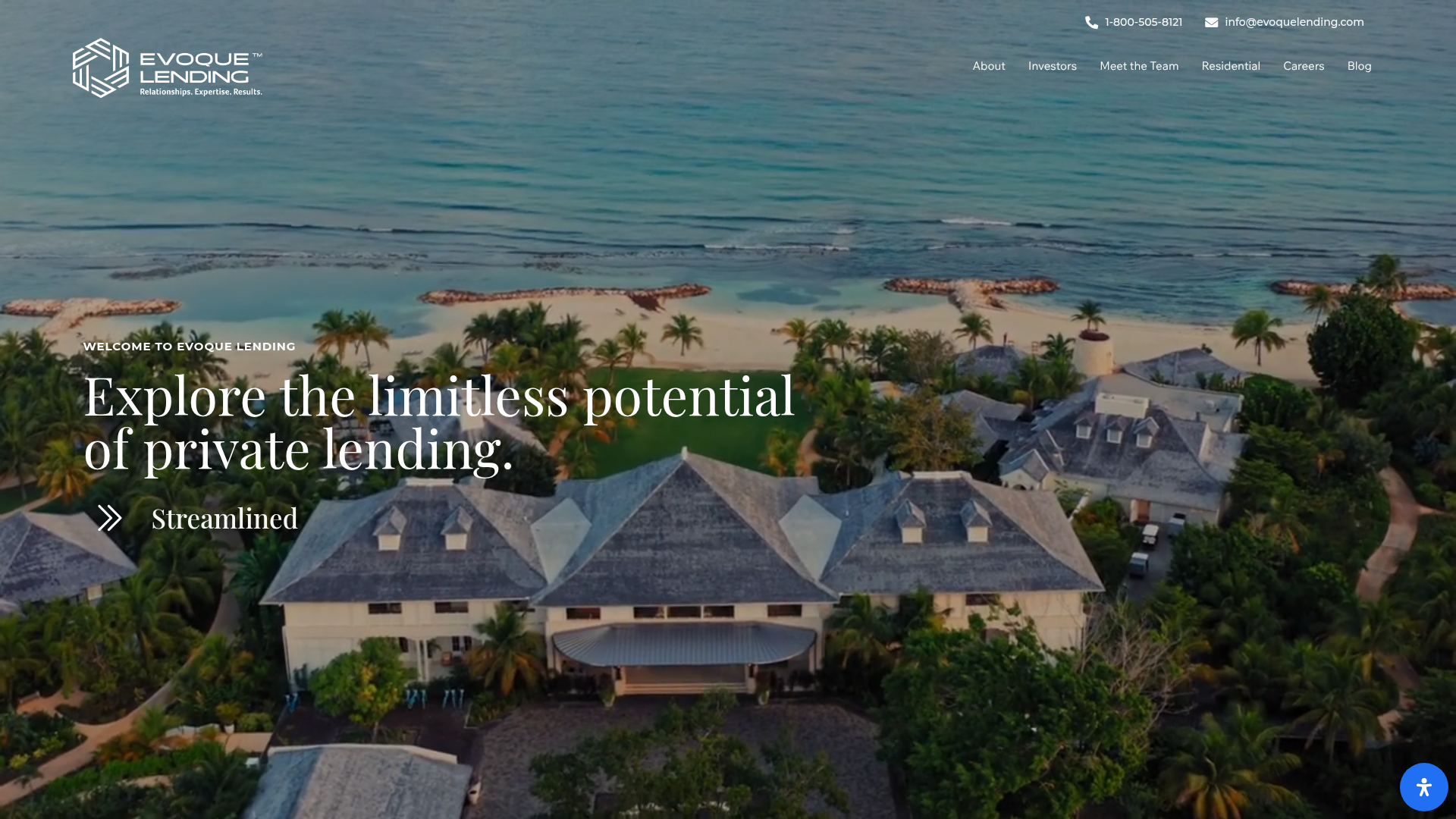 Evoque Lending home page: serif headline reading Explore the limitless potential of private lending, over an aerial coastline photo