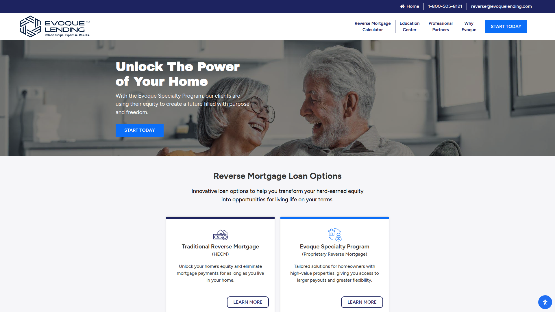 Evoque Reverse home page: headline reading Unlock The Power of Your Home, over a photo of a senior couple at home