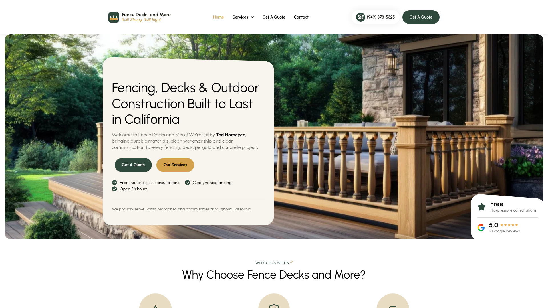 Fence Decks and More home page: headline reading Fencing, Decks and Outdoor Construction Built to Last in California, over a deck and balustrade photo
