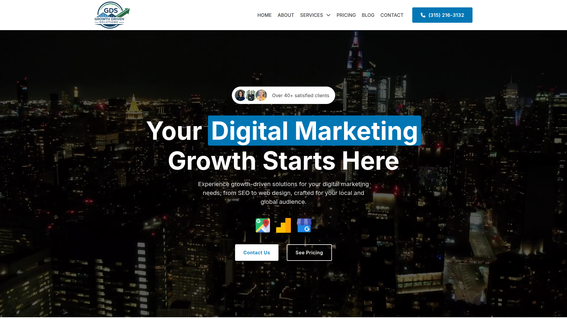 Growth Driven Solutions home page: headline reading Your Digital Marketing Growth Starts Here