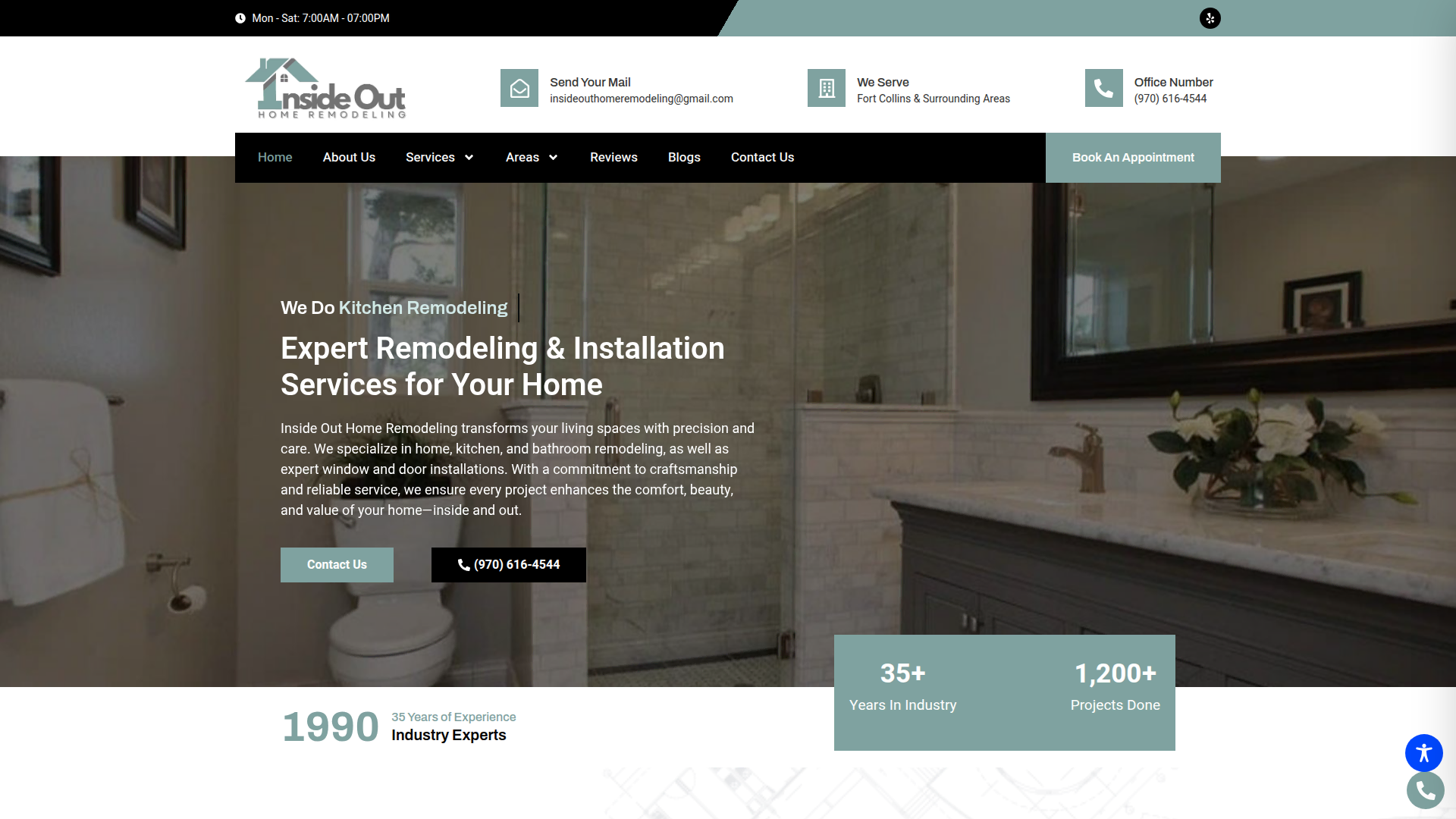 Inside Out Home Remodeling home page: headline reading Expert Remodeling and Installation Services for Your Home, over a bathroom remodel photo