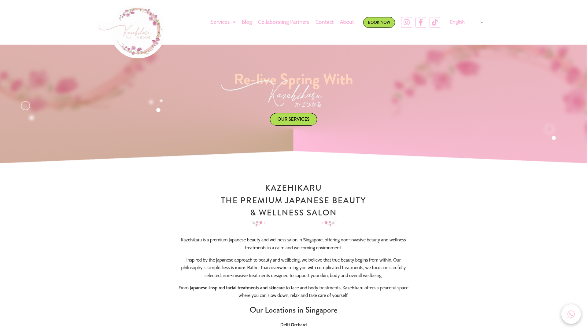 Kazehikaru home page: a soft cherry-blossom hero reading Re-live Spring With Kazehikaru
