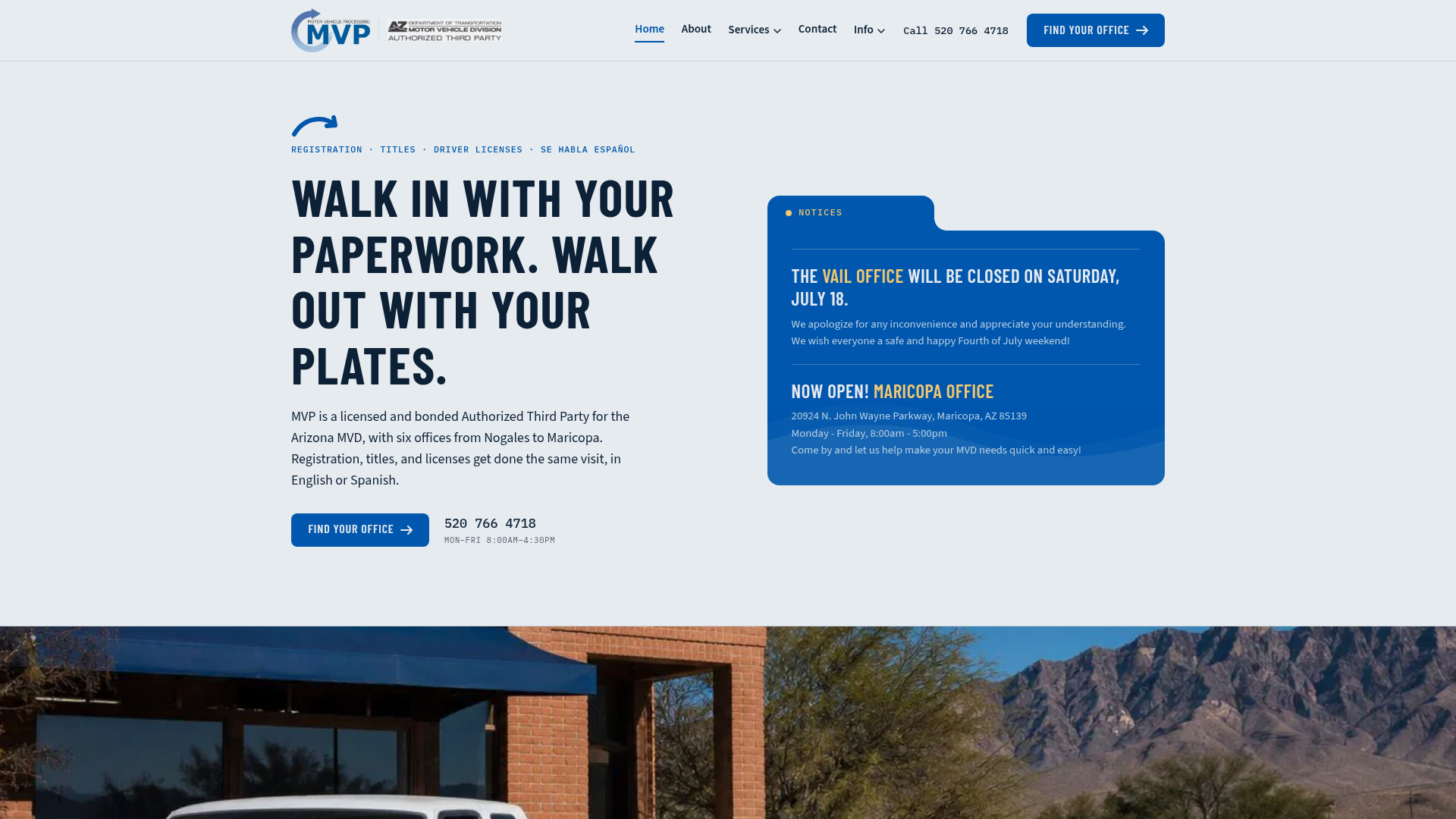 MVP Motor Vehicle Processing home page: headline reading walk in with your paperwork, walk out with your plates