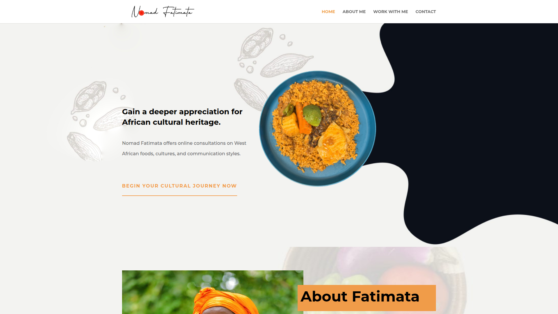 Nomad Fatimata home page: headline reading Gain a deeper appreciation for African cultural heritage, beside a photo of a West African rice dish