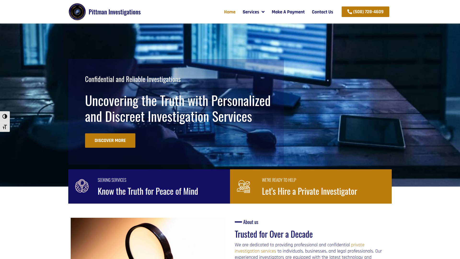 Pittman Investigations home page: headline reading Uncovering the Truth with Personalized and Discreet Investigation Services, over a dark surveillance-desk photo