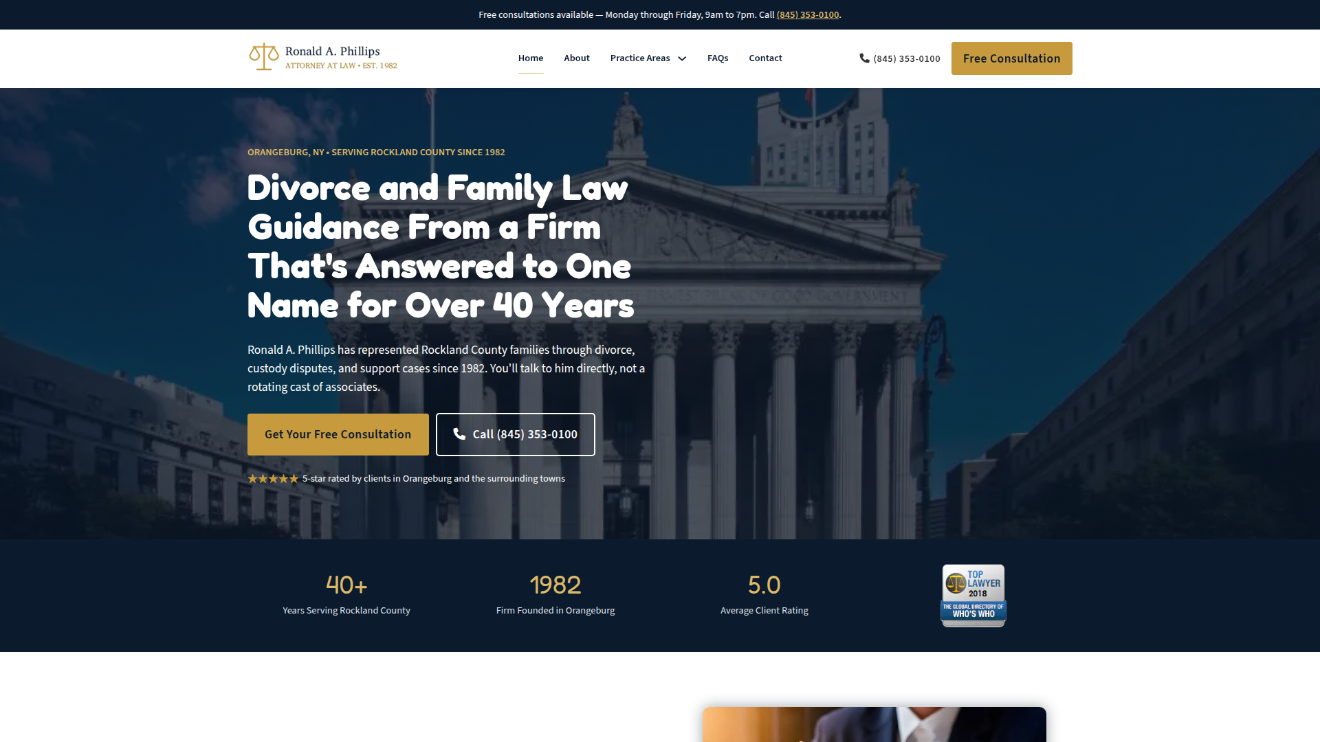 Law Office of Ronald A. Phillips home page: heading reading Divorce and Family Law Guidance From a Firm That's Answered to One Name for Over 40 Years