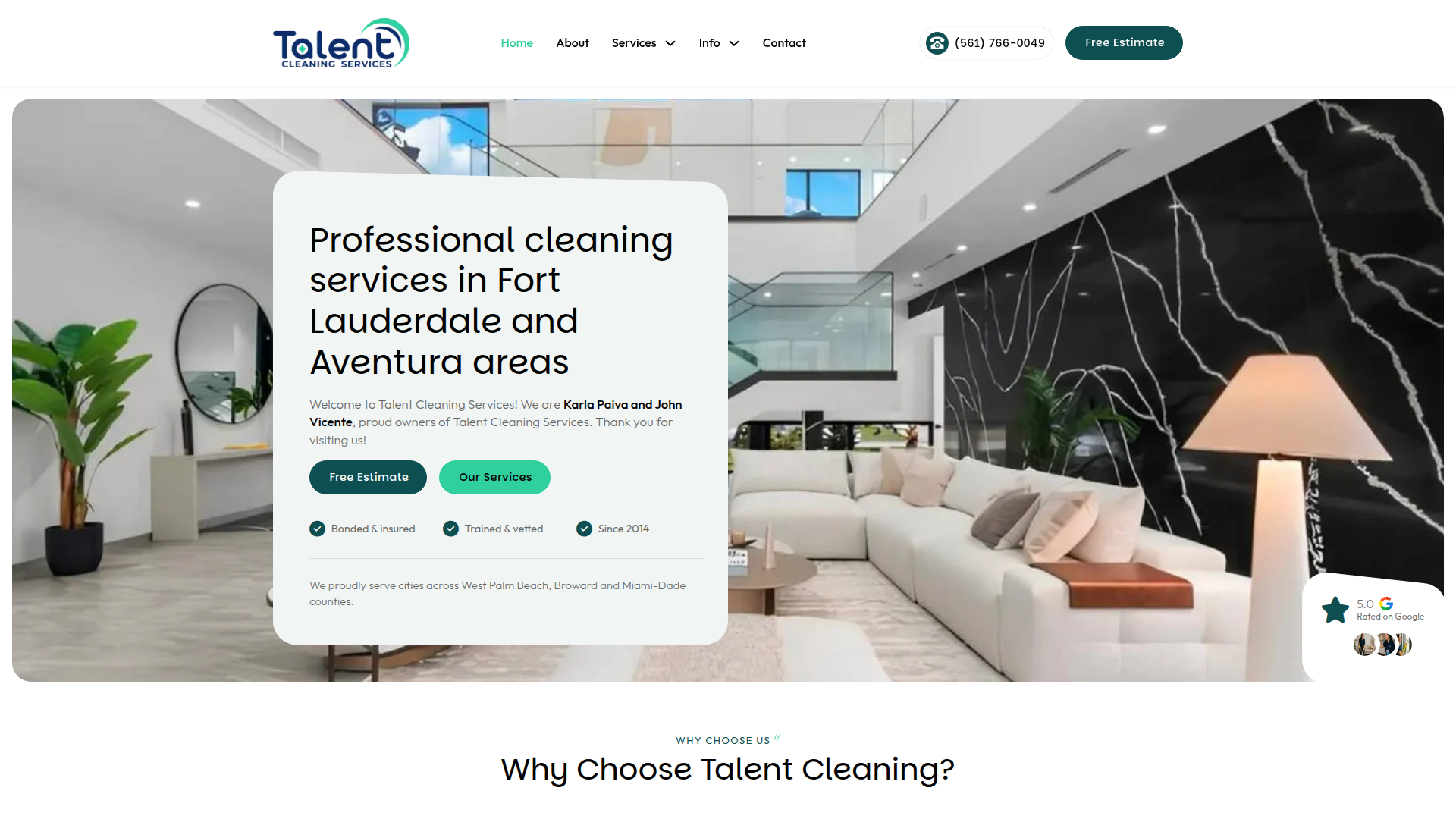 Talent Cleaning Services home page: heading reading professional cleaning services in Fort Lauderdale and Aventura areas