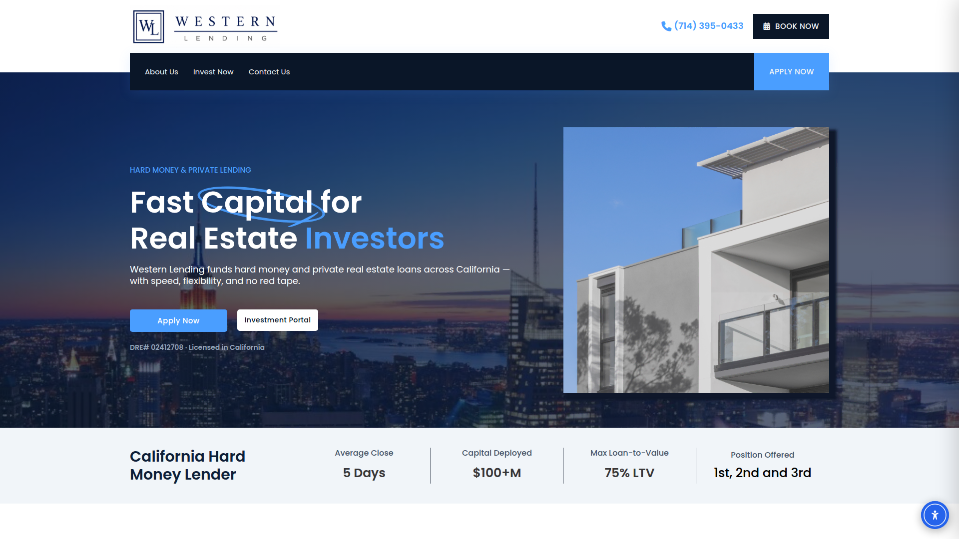 Western Lending home page: headline reading Fast Capital for Real Estate Investors, over a night skyline