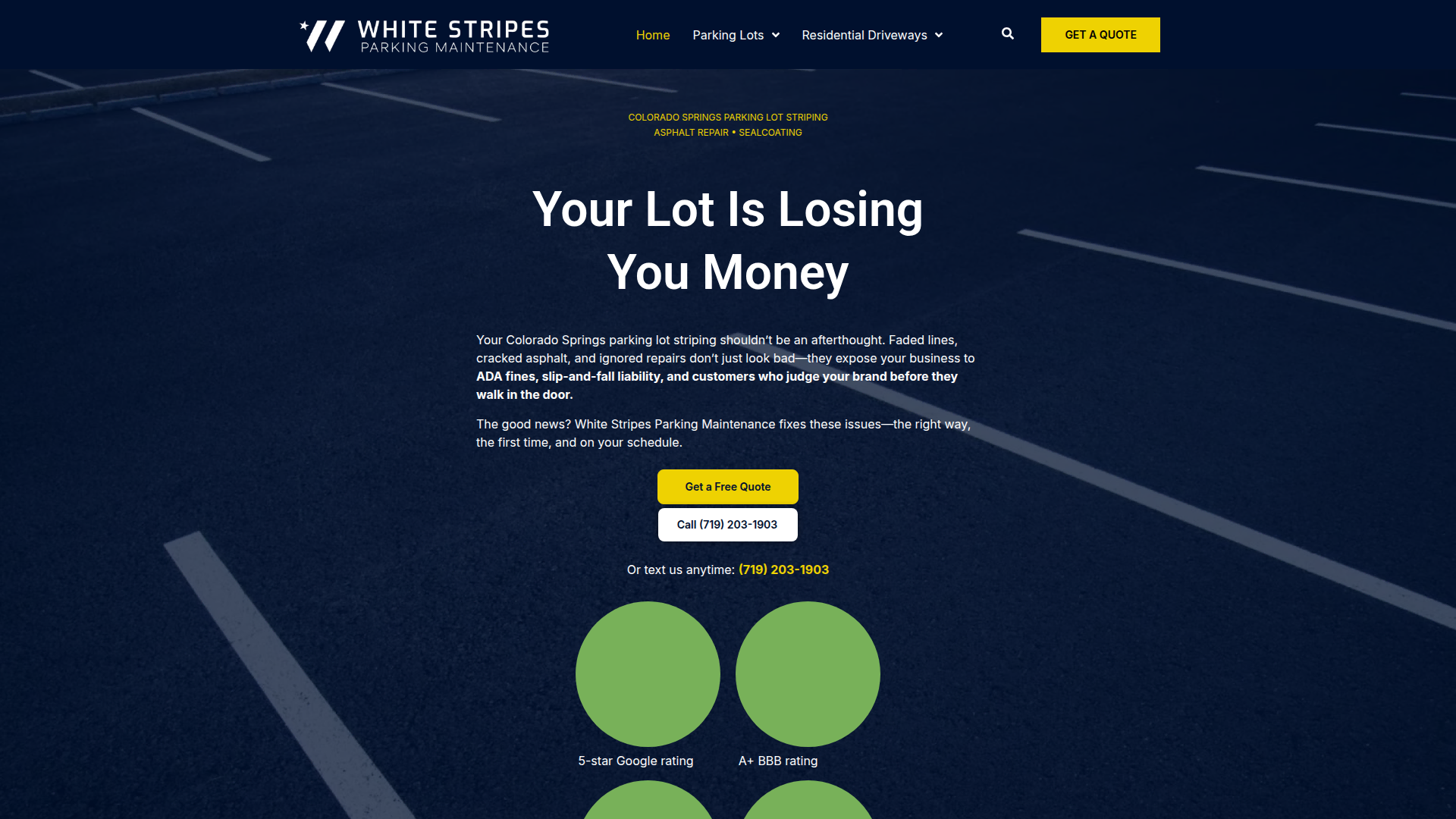 White Stripes Parking Maintenance home page: headline reading Your Lot Is Losing You Money, over a dark asphalt photo
