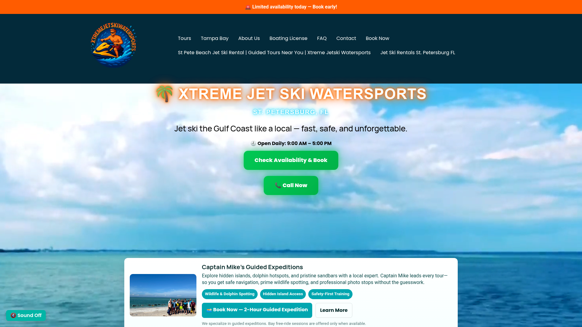 Xtreme Jetski Watersports home page: headline reading Jet ski the Gulf Coast like a local, over an ocean photo